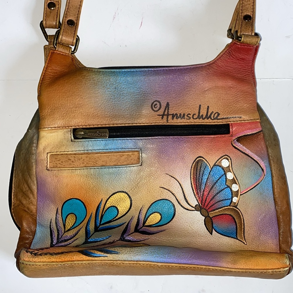 Beautiful Leather Anuschka Hand Painted Butterfly Shoulder Bag